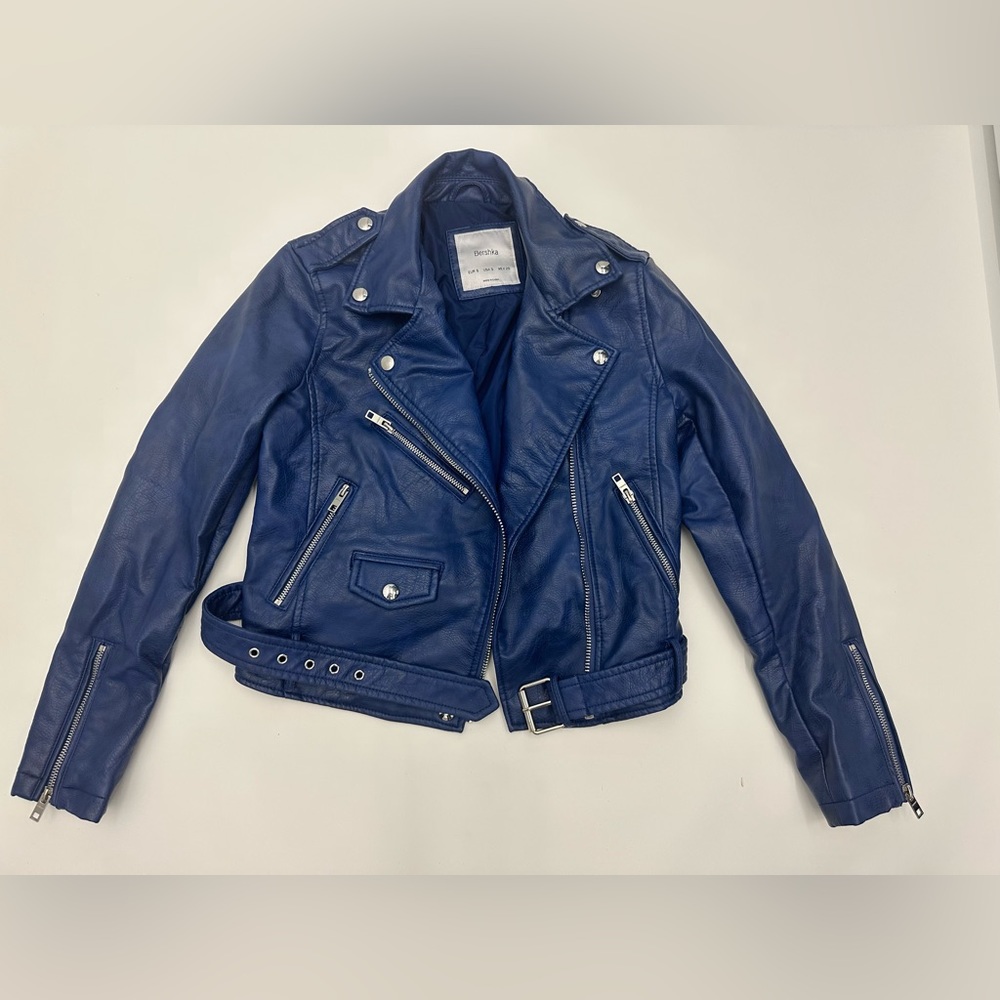 WOMENS BERAHKA BLUE LEATHER JACKET! NEARLY BRAND NEW!! (Size s)